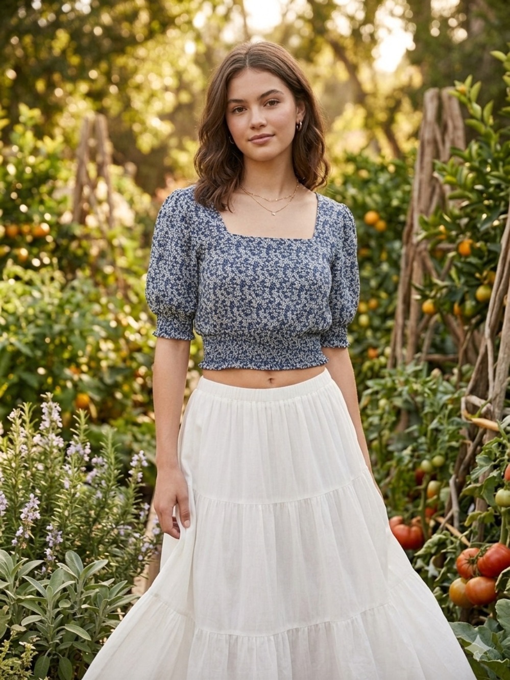 Roxy "Million Waves Again" Crop Top Women Size S Blue Floral Cottagecore Boho